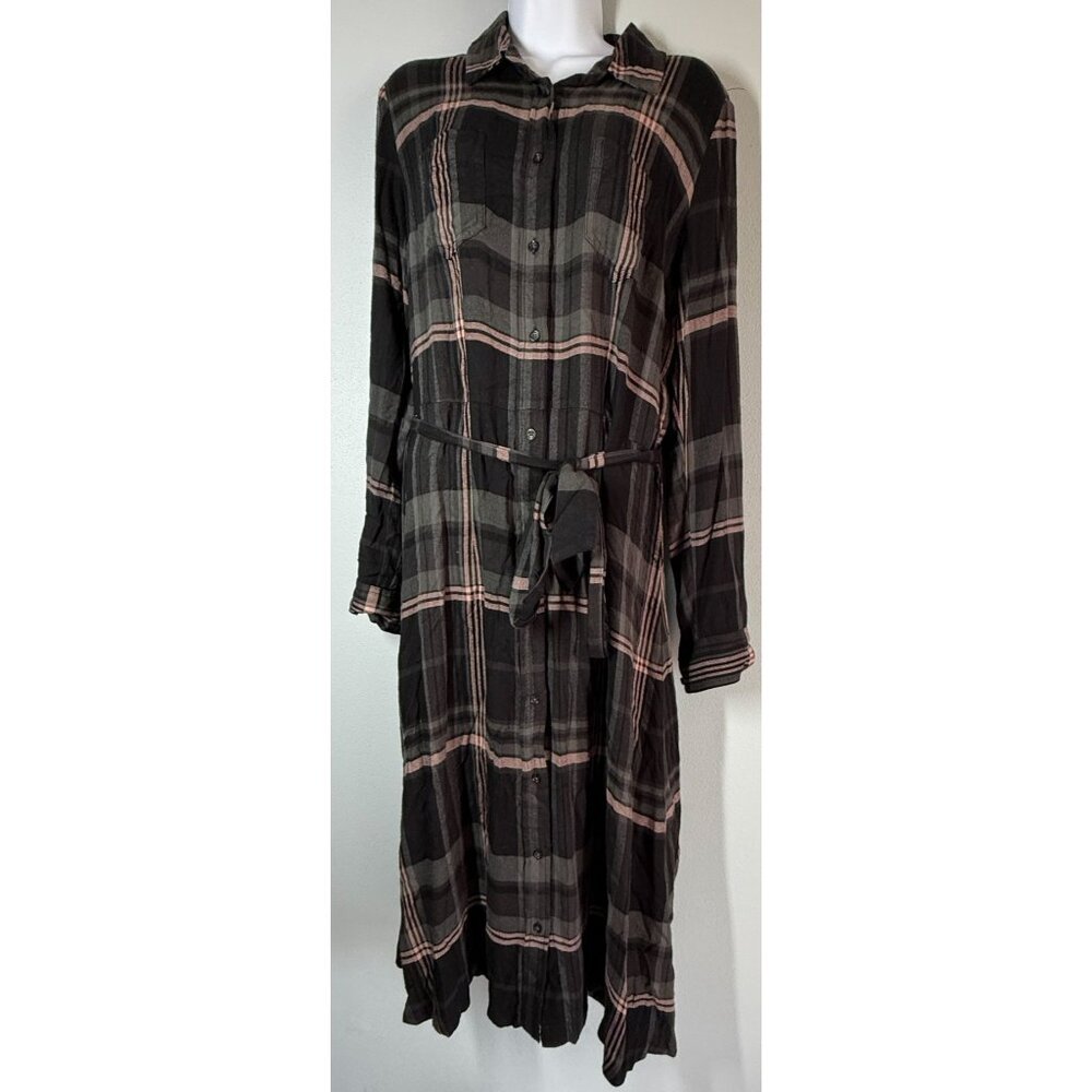 Universal Thread Plaid Flannel Button Down Dress Medium Belted Grunge Academia